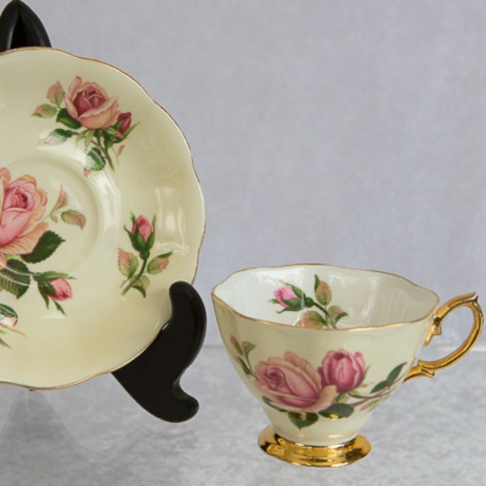 Vintage Royal Albert English Beauty Teacup and Saucer Pale Yellow with P…
